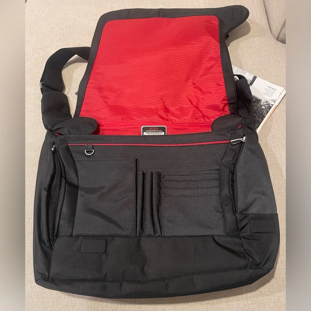 Tumi Nylon Expandable Messenger Laptop Bag In Black/Gray/Red Lining